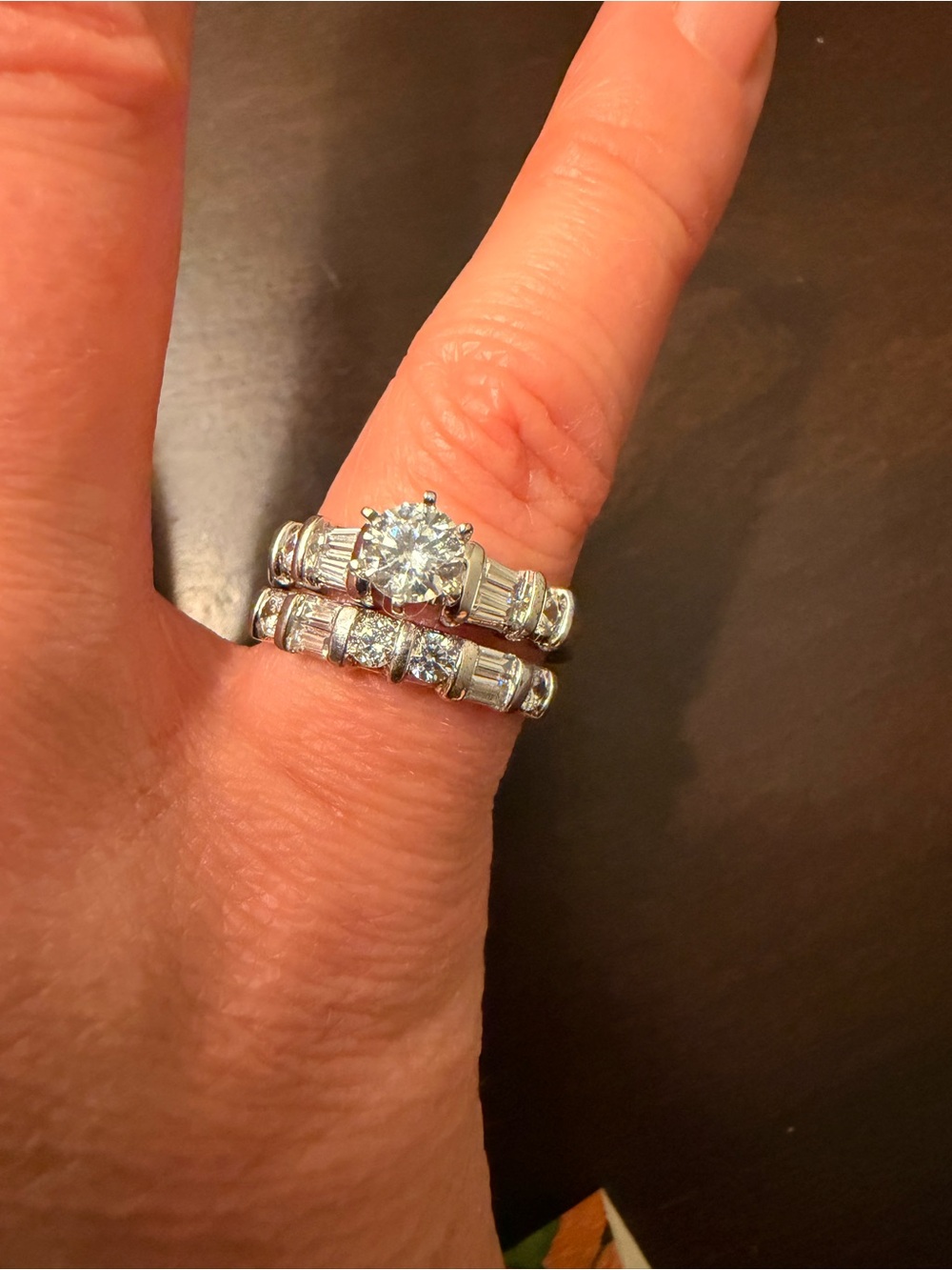 Classic White Rhodium Gold Tone Solitaire and Baguette Diamond Ring Set - White